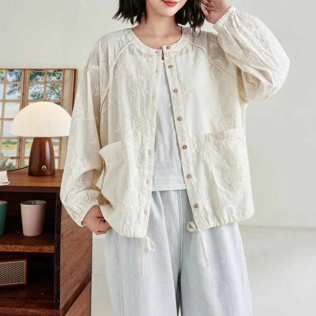 2色/裾ドロストフラワー刺繍ジャケット ・12146