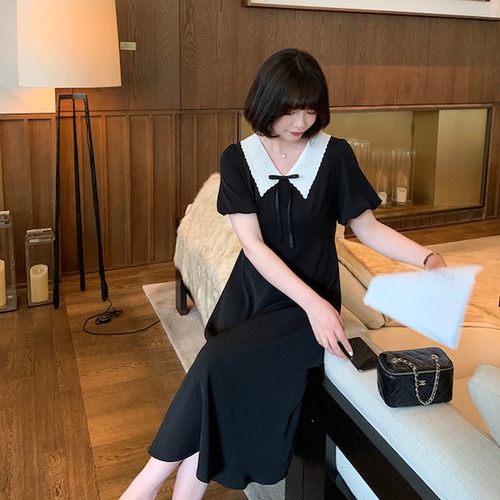 ワンピース レディース Aライン リボン 半袖 バイカラー おしゃれ ゆったり シンプル 襟付き 無地 ワンピース レディース Aライン リボン 半袖 バイカラー おしゃれ ゆったり シンプル