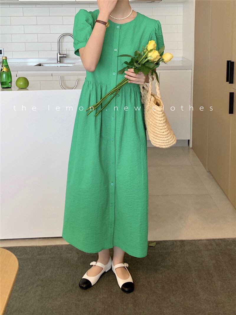 ロングスカート ソリッド カラーラウンドネックサマードレス 夏物 Oネック ソリッドカラー ビッグFスモールZ韓国76012950246