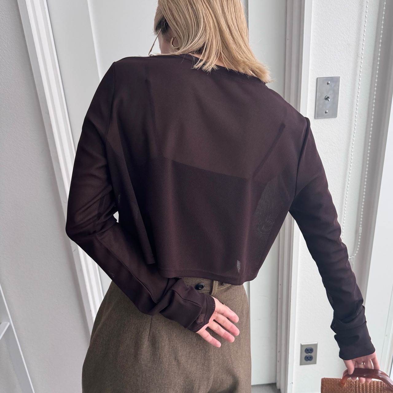 crew neck tulle sheer short tops/brown