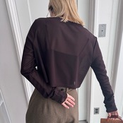 crew neck tulle sheer short tops/brown