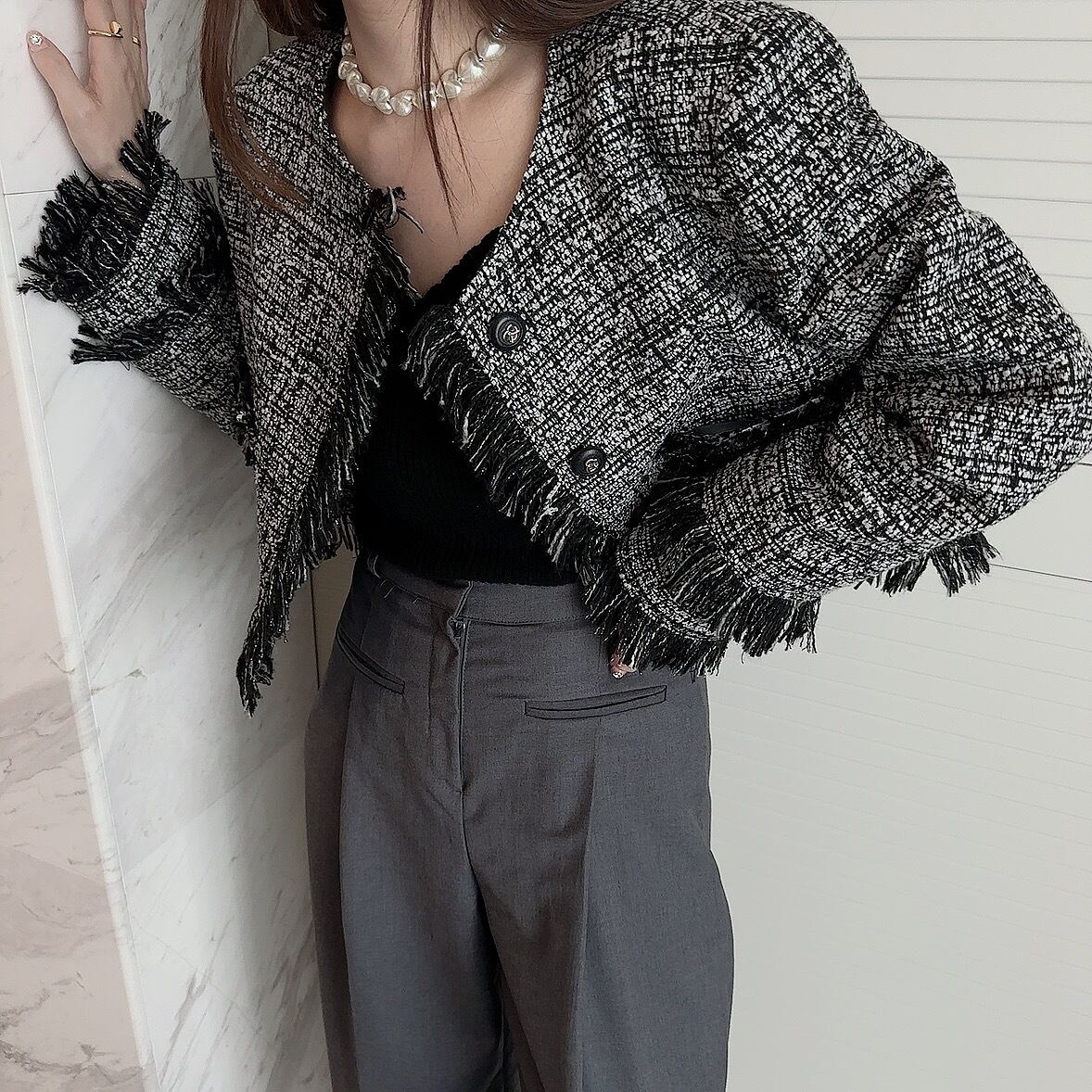 Fringe tweed jacket / black (4月上旬頃発送予定)