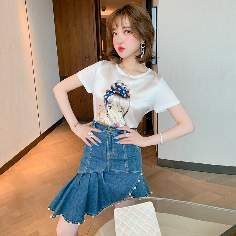 プリントラウンドネックTシャツ オータム 秋物 Oネック シルキー ステッチ MIUCO32088064333