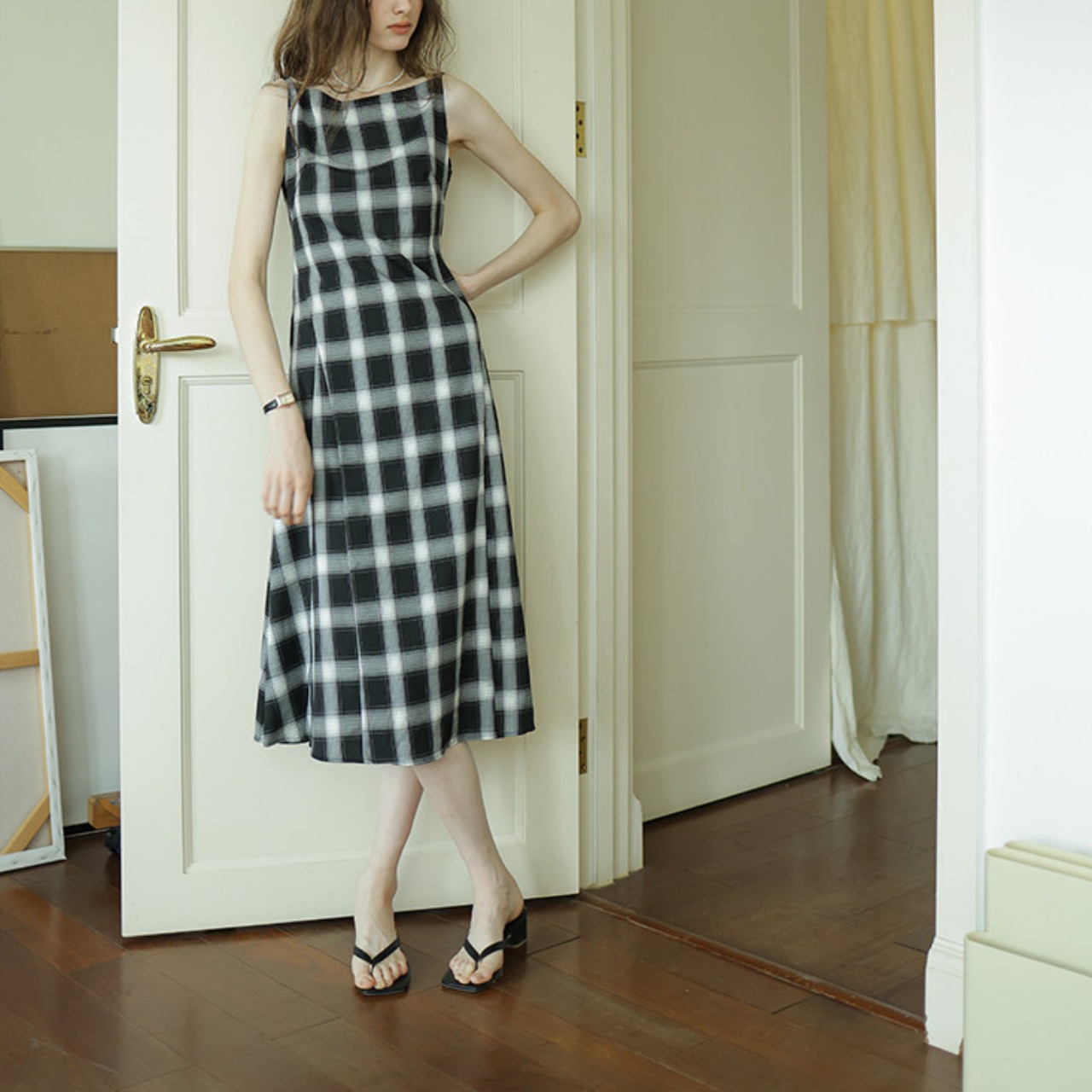 Bateau Check Sleeveless Dress F0673