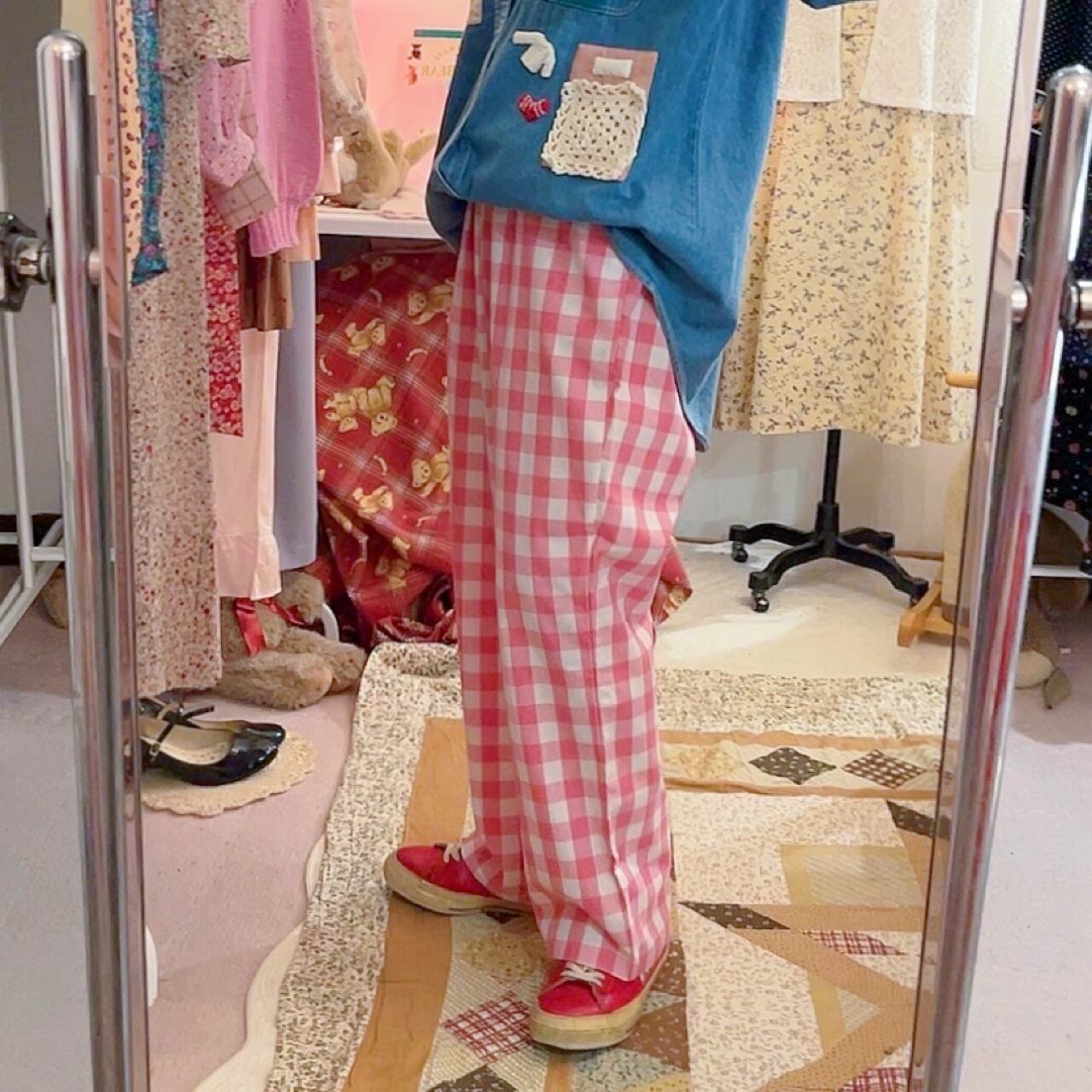 pink block check pants