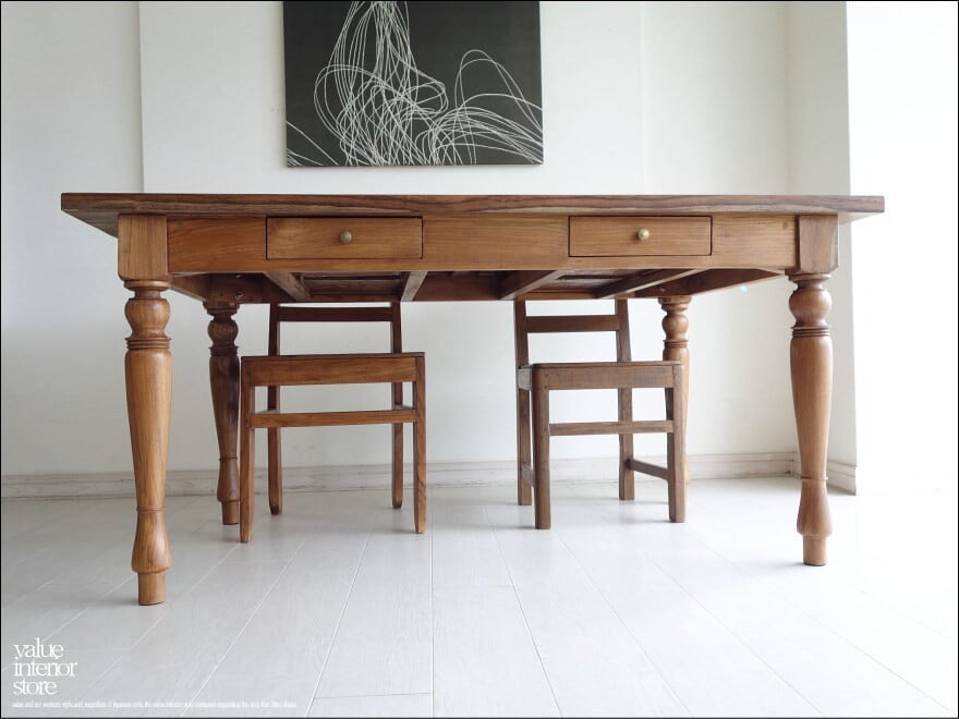 チーク無垢材 オールドチークテーブルBON ダイニングテーブル デスク 机 古材家具 引出し4杯 無垢材家具 150cm x 90cm