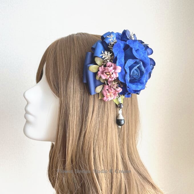 成人式・卒業袴・発表会に♡ベロア調の青い薔薇とライラックのヘア