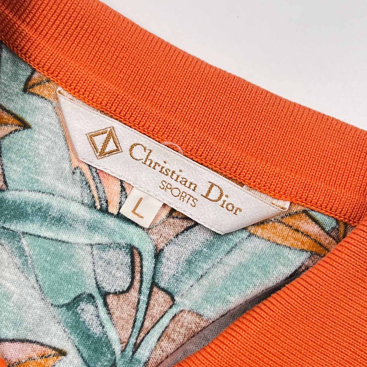 90s Christian Dior SPORTS クリスチャンディオール スポーツ ボタニカル 天竺 半袖 ポロシャツ L/オレンジ×グリーン レディース ビンテージ