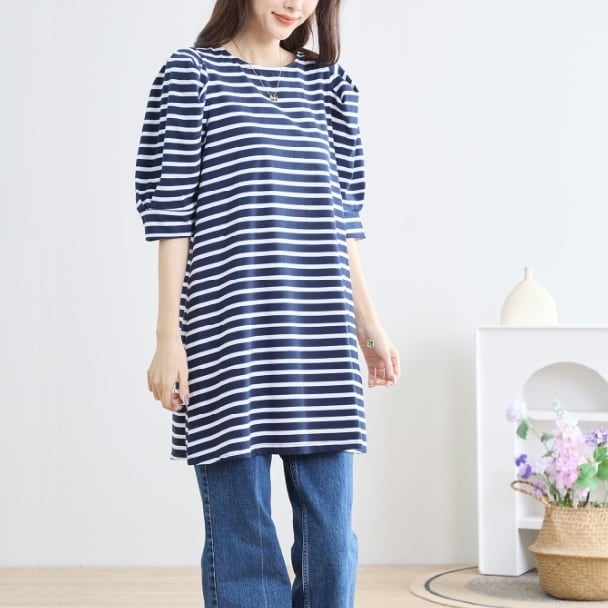 チュニック バックリボン付き ボーダー カットソー ロングTシャツ N83
