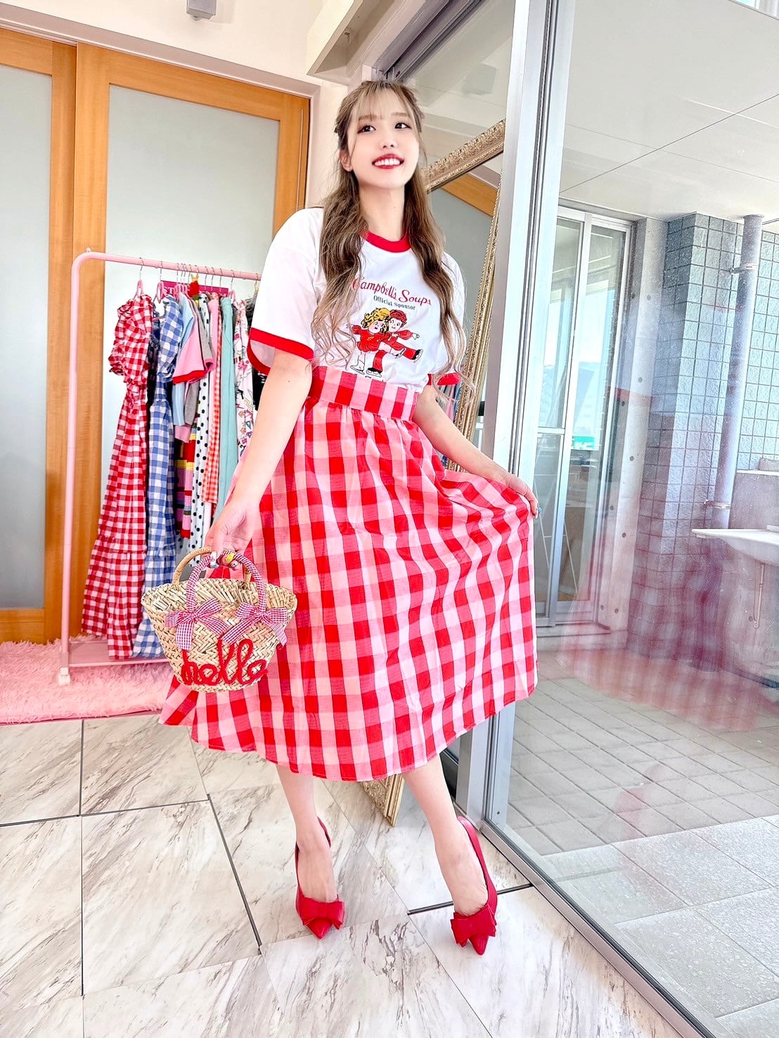 Redギンガムチェックフレアスカート/韓国/レディースファッション/可愛い/おしゃれ/ラフ/カジュアル/POP/赤/春/夏(7-069)