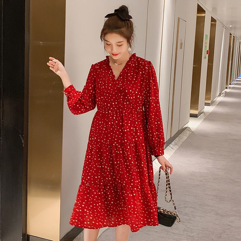 【新作】【送料無料】 マタニティウェア2020秋と冬の新しいシフォン水玉Vネックドレス小さな新鮮なミドル丈のトレンディなマタニティドレス-アリババ オータム 秋物 ウィンター 冬物 expec277565657662