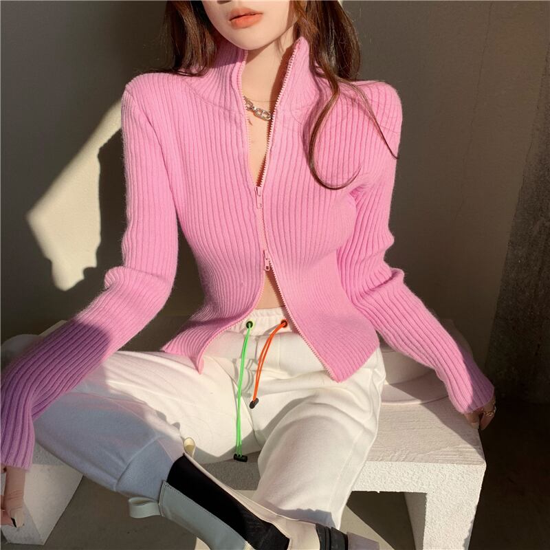 セーター スリムショートジッパートップス スプリングカーディガンジャケット ピンク 春物 ブラックストロベリース24424941204