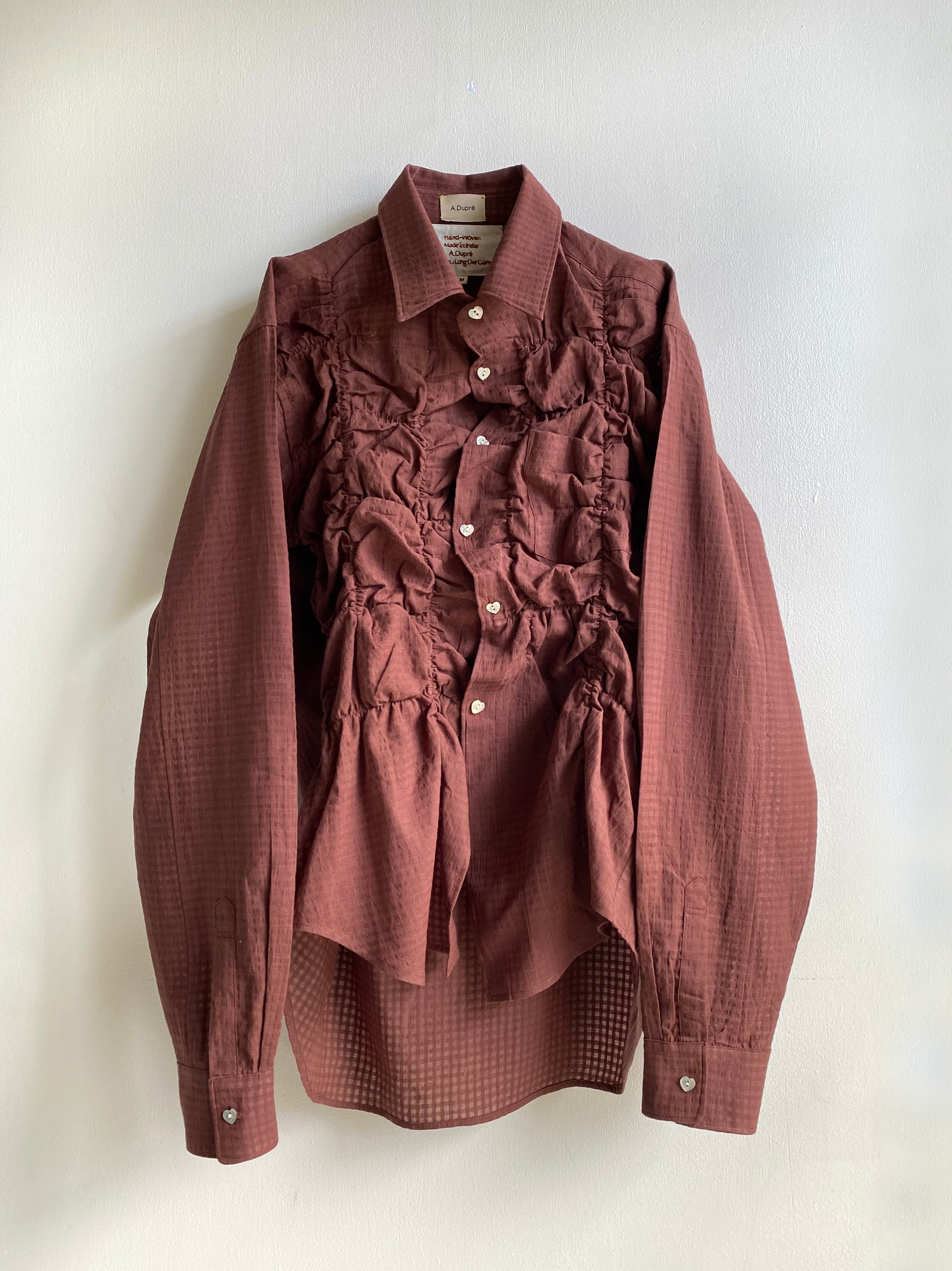Shirring blouse, "chocolate see-through check" khadi cotton