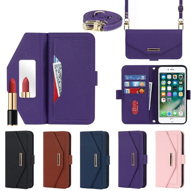 Eastwave アイフォン SE 2022 第3世代 ケース 縄掛けカバー for iPhone SE 2020 第2世代 手帳型 for iPhone 8 7 手帳 case チェック柄 鏡 ミラー付き 長ストラップ付き 肩掛け 革レザー 柔らかいTPU 多機能 財布型 カード収納 小銭入 れ スタンド機能 全面保護 5色 パープル