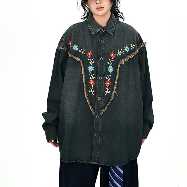 fringe flower denim shirt　フリンジフラワーデニムシャツ　J1684