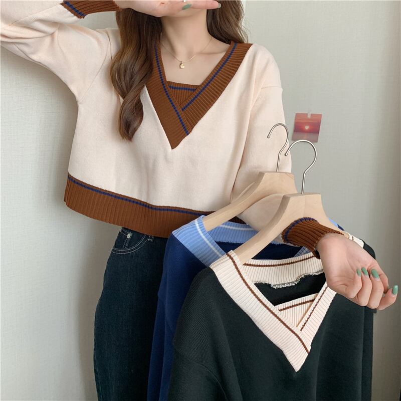 ニット オータムトップス ルーズVネックセーター ショートロング 長袖 秋物 1号婦人55808199917