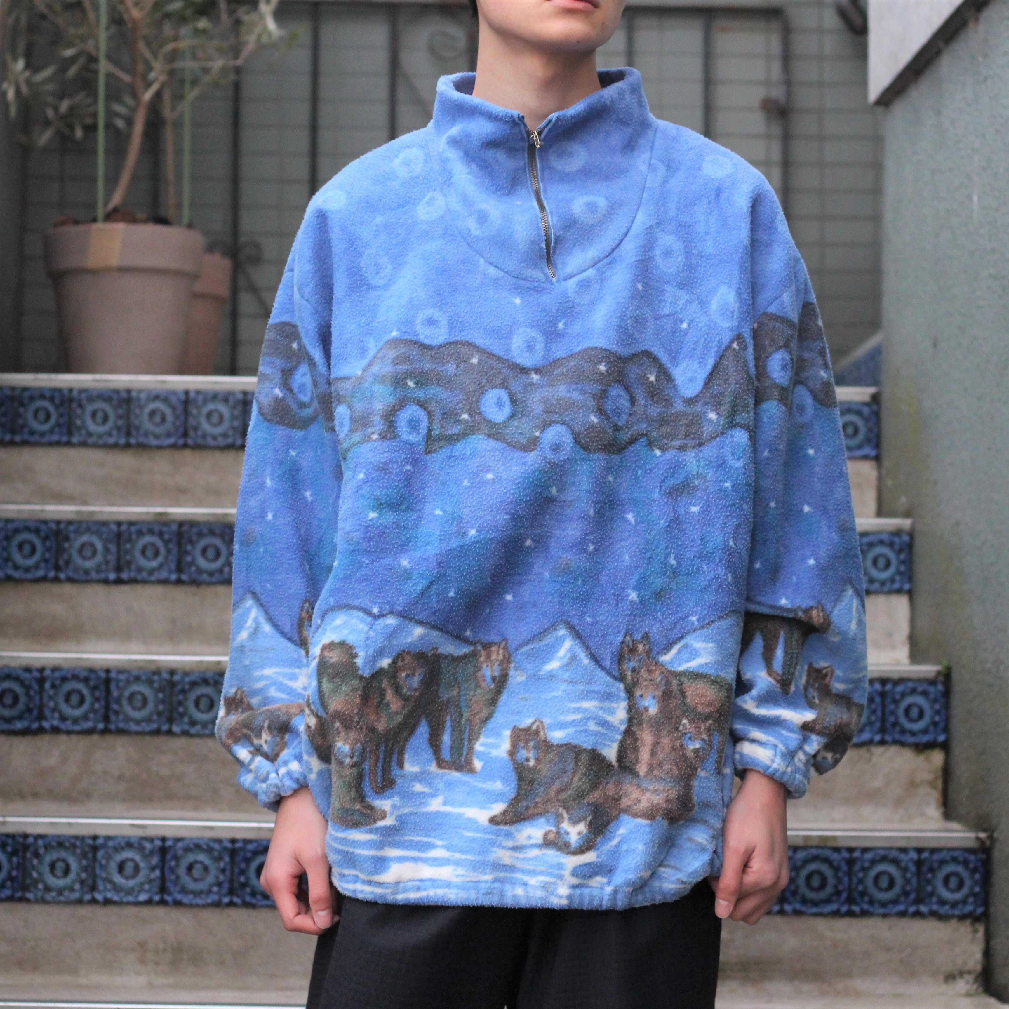 SPECIAL ITEM* USA VINTAGE WOLF DESIGN FLEECE HALF ZIP JACKET