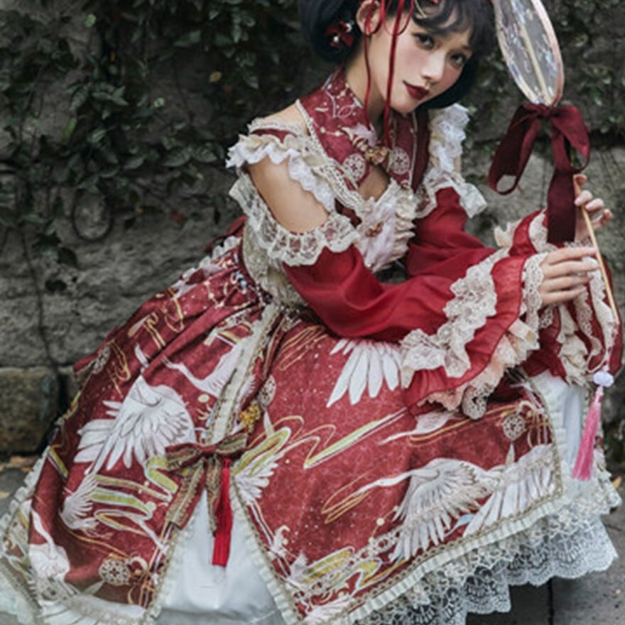 中華ロリータ 鶴柄ワンピース 姫袖レース撮影会衣装 | ロリータ