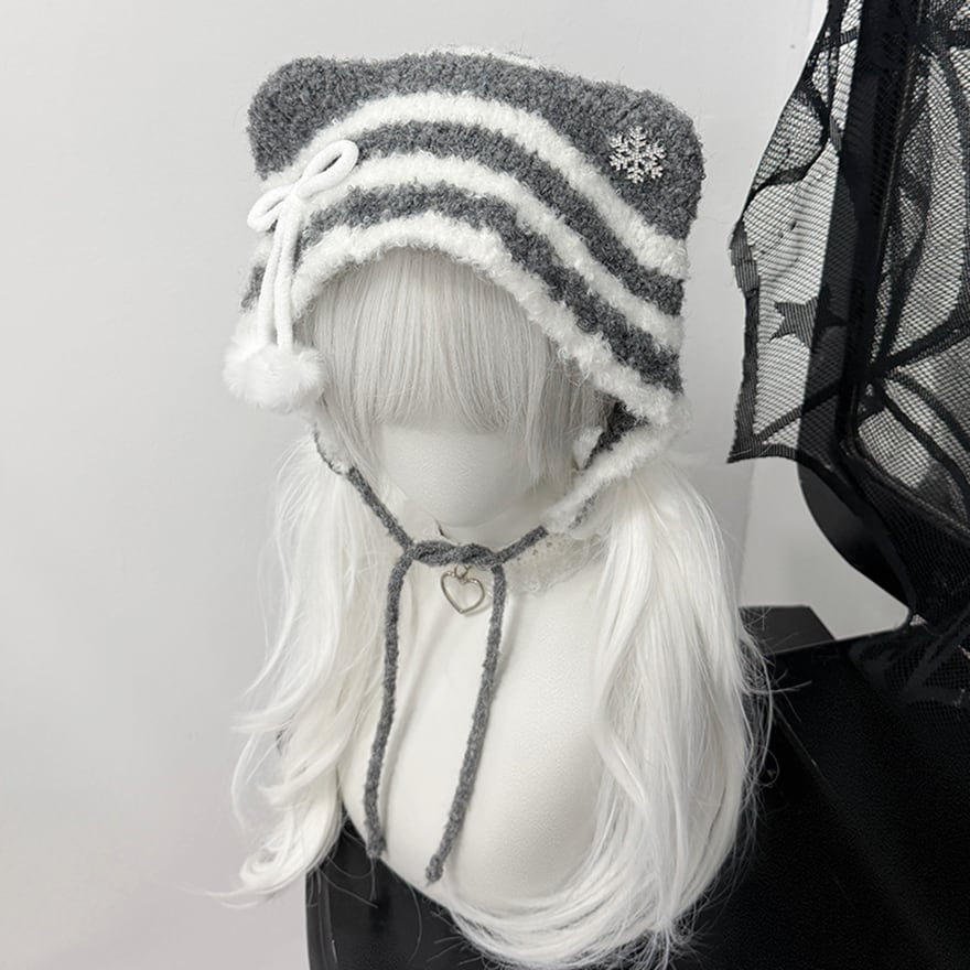 ケモ耳 猫耳 バラクラバ 防寒帽 ネコ耳帽子 ニット ブラック・グレー