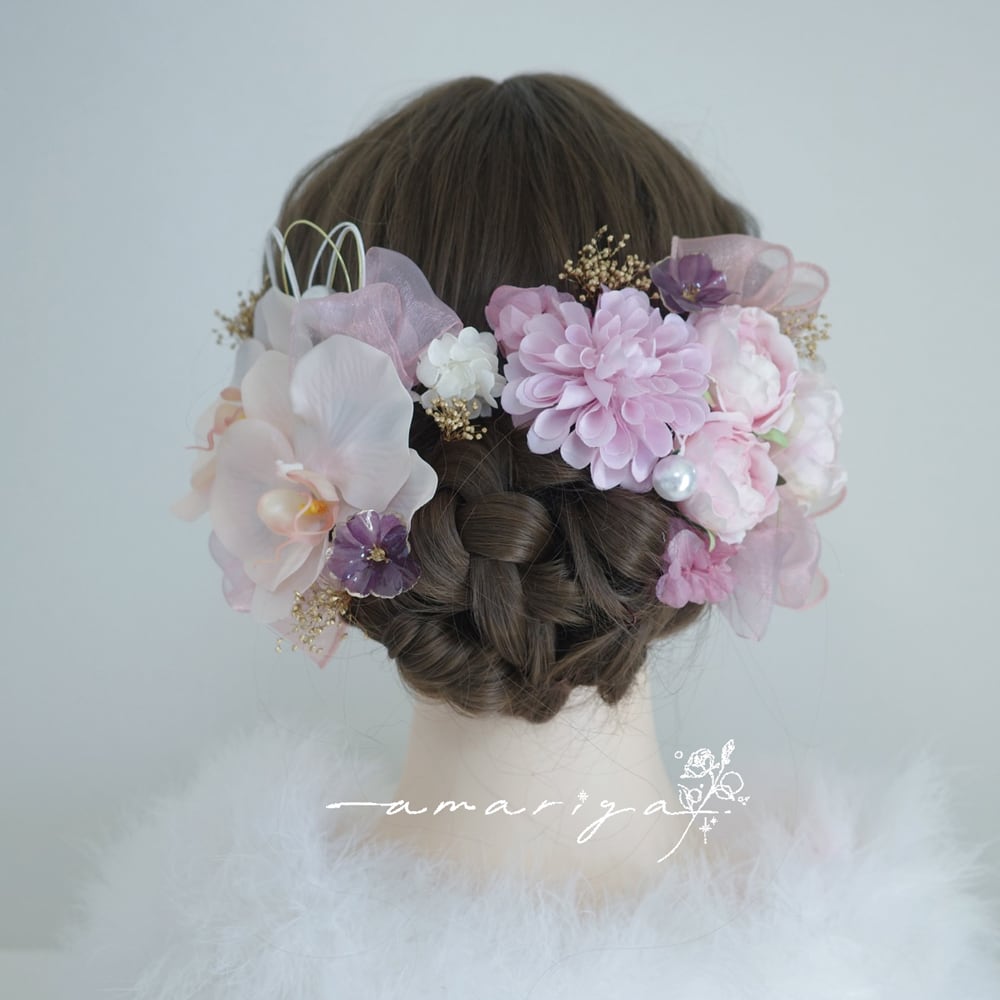 髪飾り 胡蝶蘭とピーチとピンクローズ(2種のリボン付き)