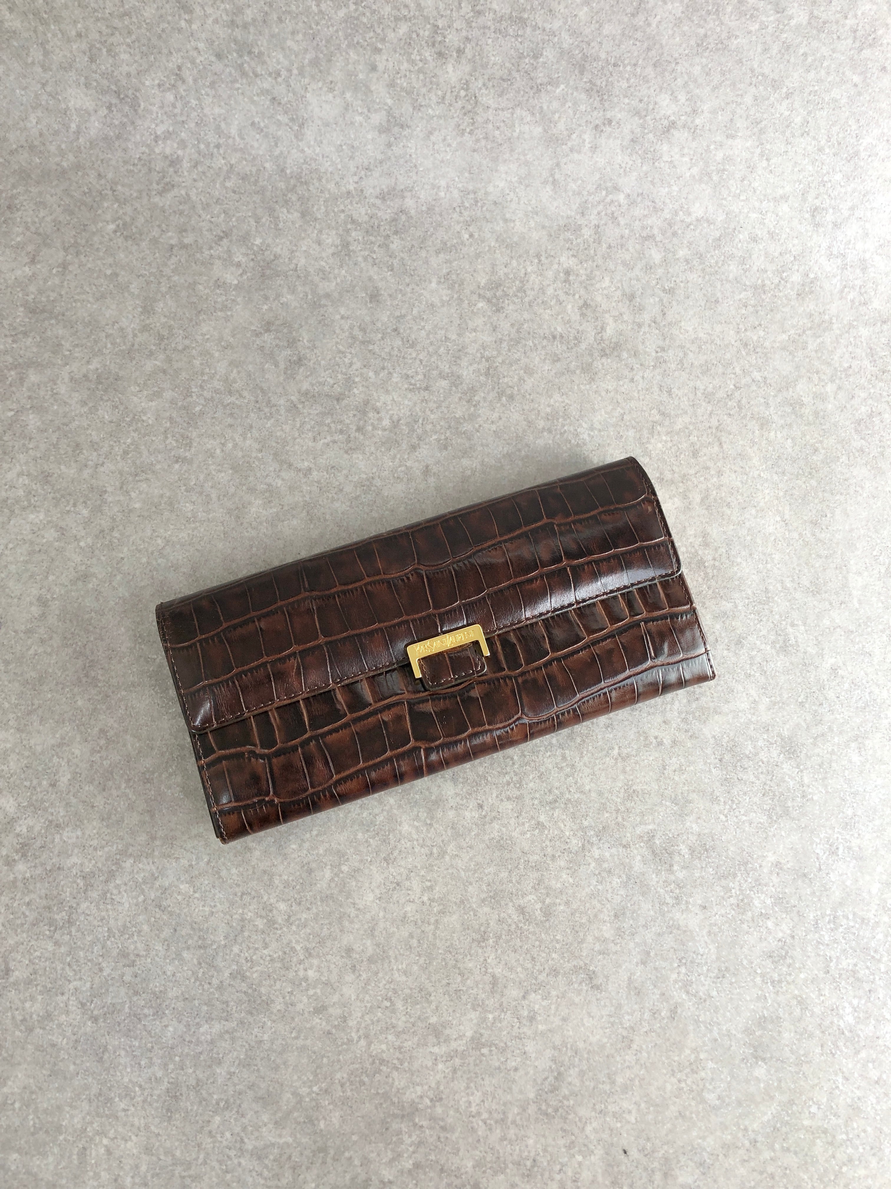 Yves Saint Laurent イヴ・サンローラン 財布 ブラウン ロゴ 型押しレザー 長財布 vintage ヴィンテージ オールド v4kc5e