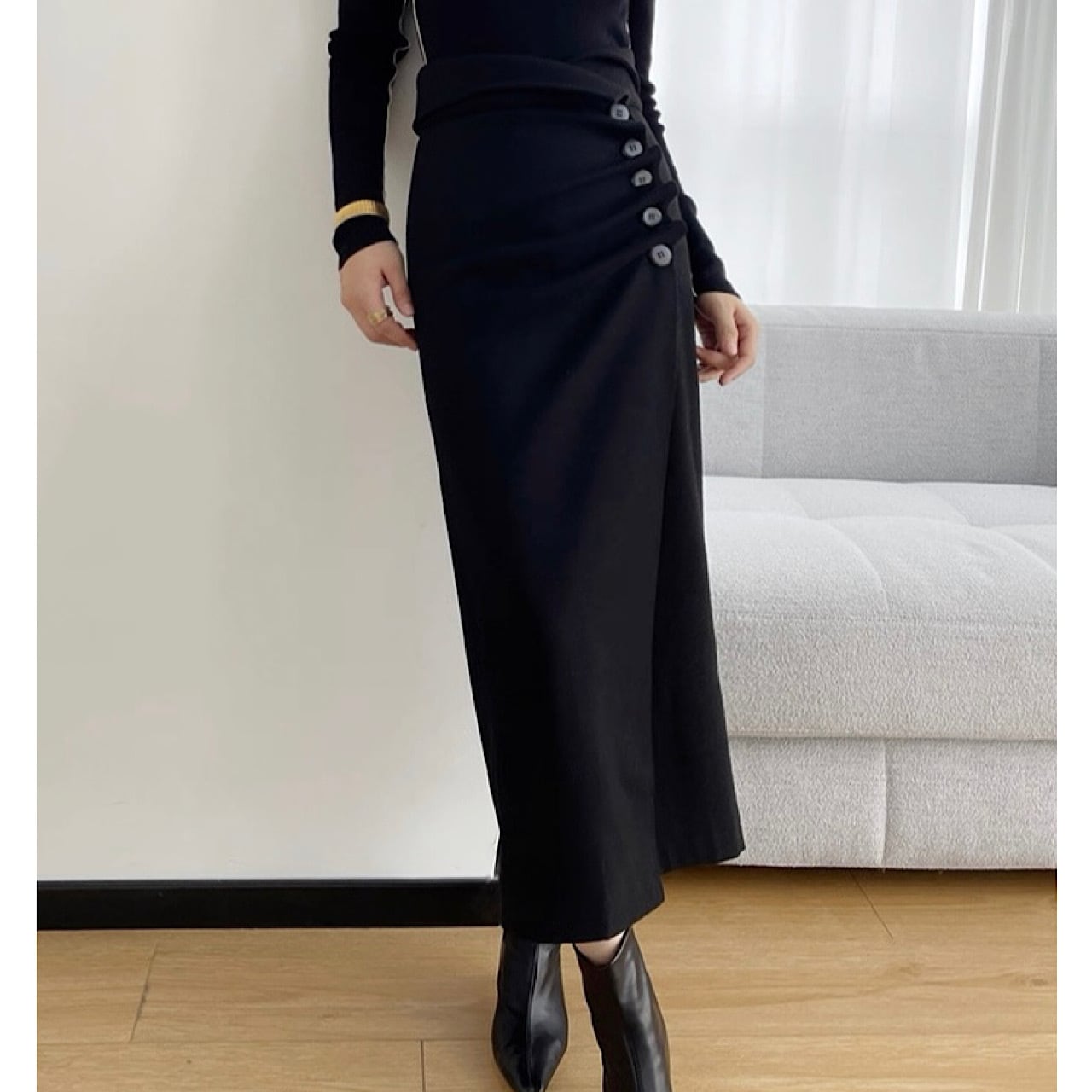 ボタンデザイン ラップ風 ミモレ丈 スカート YH9844