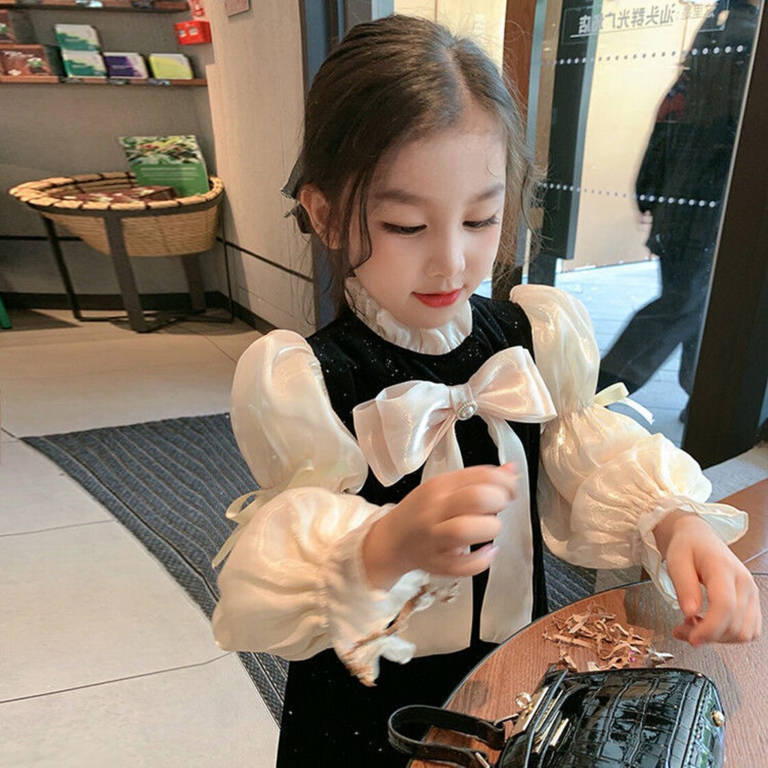 Saturday 100-160cm キッズワンピース ラメベロアワンピース リボン 