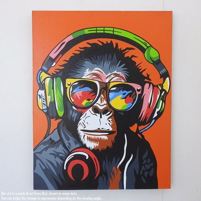 ドットアート 90cm × 70cm DJモンキー ドットペインティング モダンアート アジアンアート 手描き 絵画 アートパネル バリ絵画 バリアート ウォールデコレーション 飾り 壁掛け 壁飾り リゾート インテリア オブジェ 雑貨 おしゃれ 玄関 新築祝い プレゼント 癒し リビング