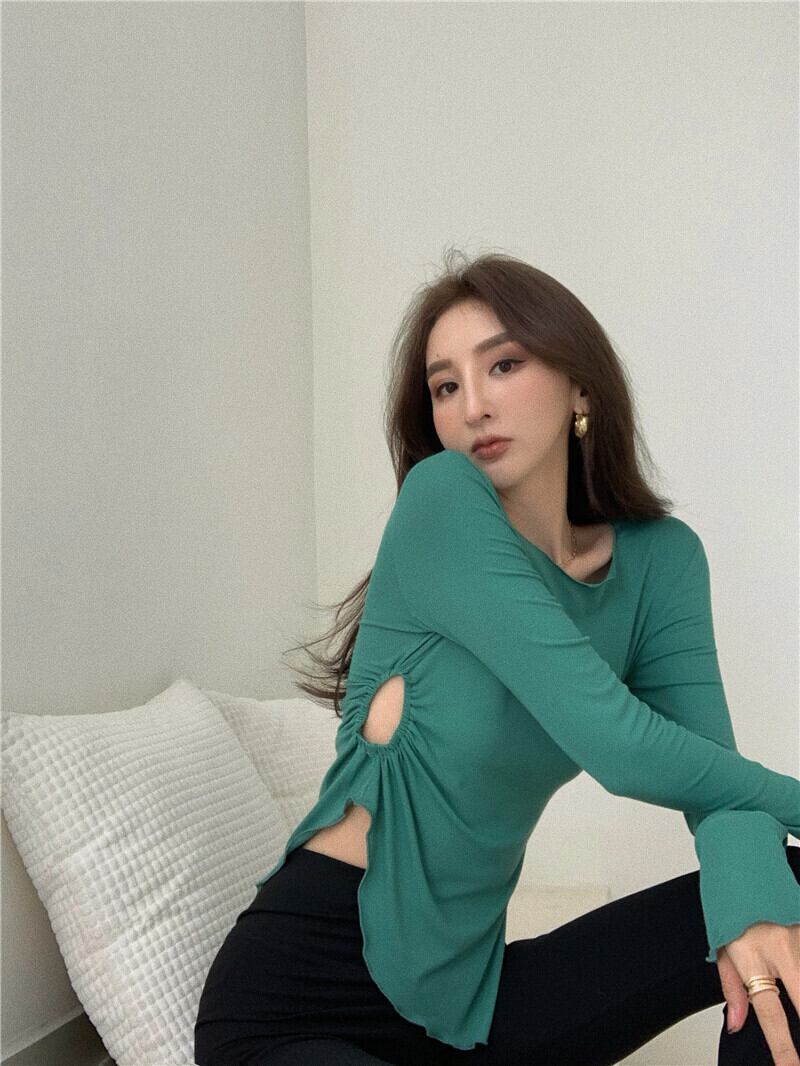 Tシャツ スリムグリーントップス サマースタイル ロング 夏物 ブラックストロベリース41010611711