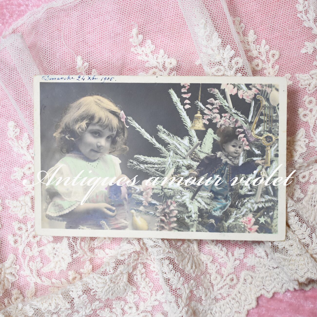 Antique postcard お人形と猫さんとティータイムの可愛い少女 France