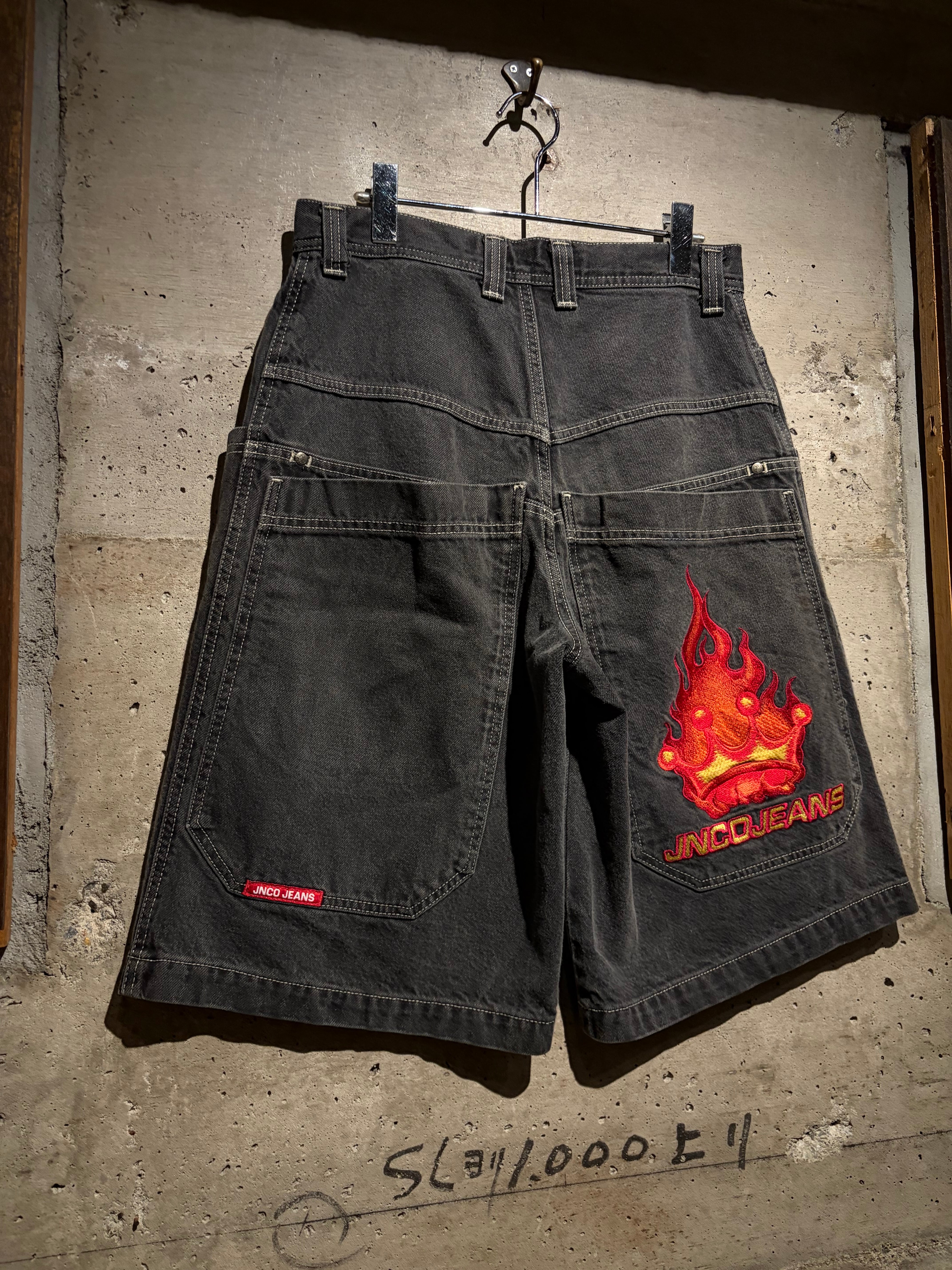 Caka】“JNCO” Burning Crown Embroidery Vintage Fade Black Rave