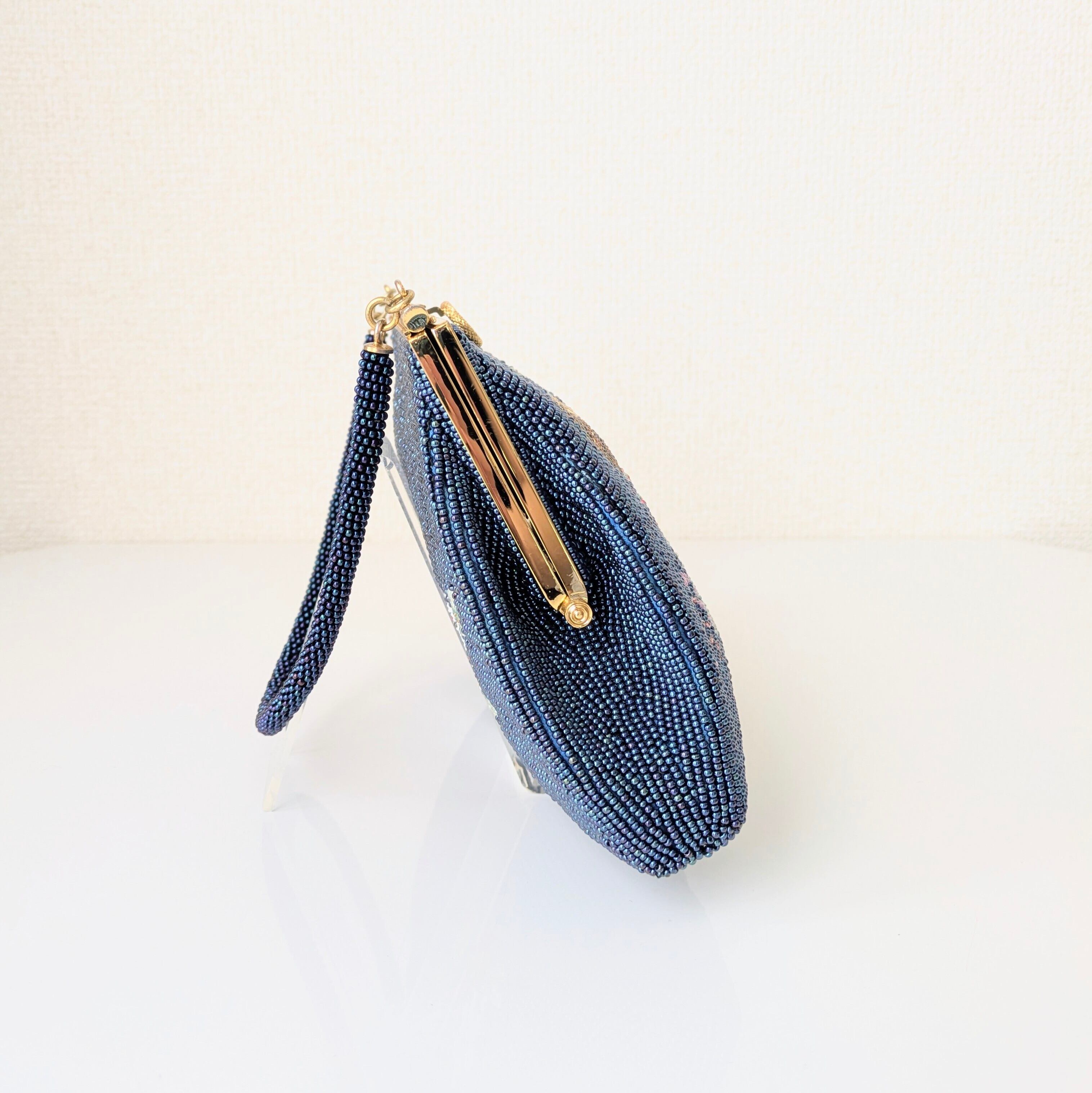 Vintage】ビーズ刺繍バッグ 紺色 金 花筏 パーティーバッグ 昭和レトロ