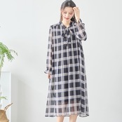 reve bleu シフォンボウタイチェック柄ワンピース【M~L】ブラック