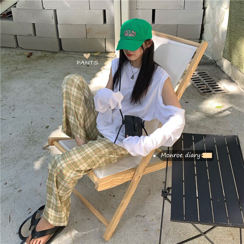 ルーズスタンダード格子柄カジュアルパンツ サマーハイウェスト薄手 レトロ 夏物 モンロー66812294300