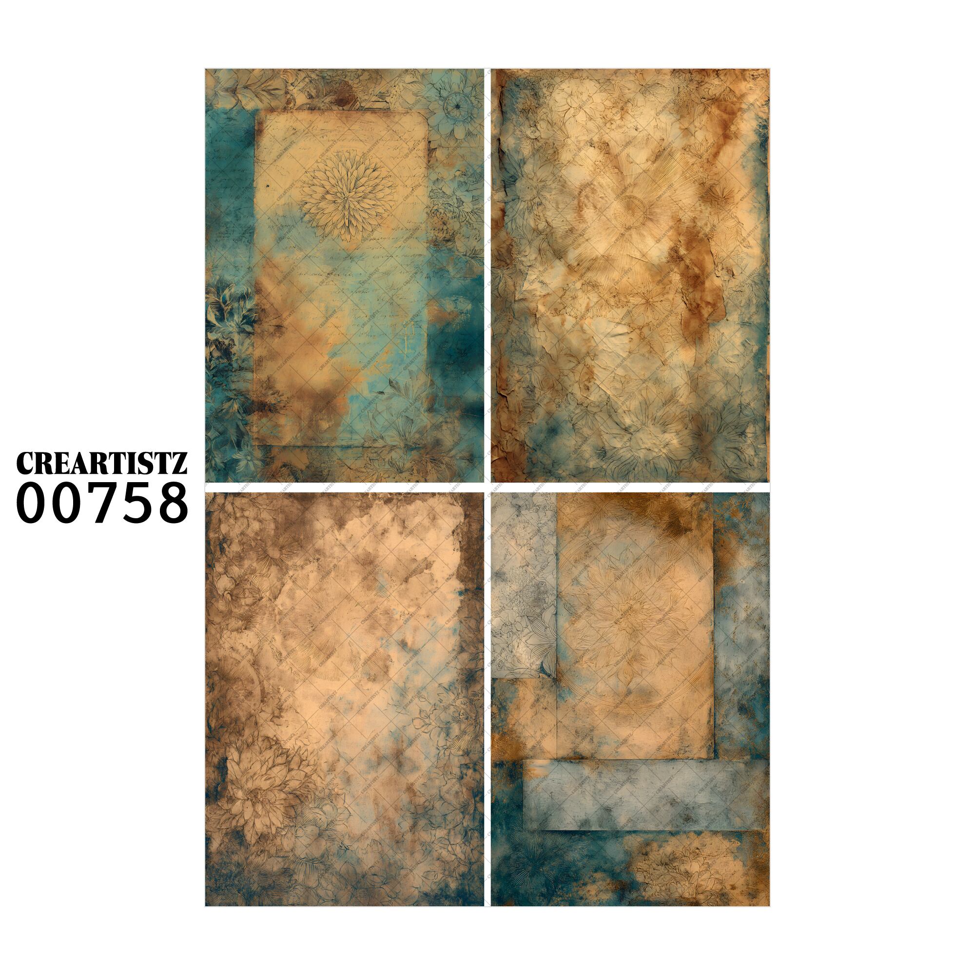00758 背景 コラージュ素材 オリジナル 12枚セット (4種類×3枚) ペーパー/ステッカー CREARTISTZ