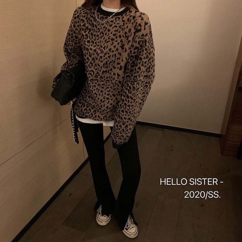 レオパードプリント柄セーター コート スタンダードルーズラウンドネックオータムウィンターベルベットトップス レトロ 秋物 冬物 Oネック ブラックストロベリース49991640021