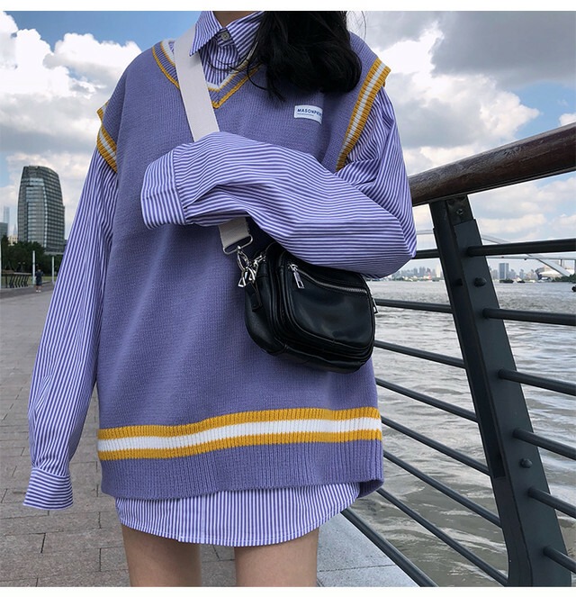 スクールvネックベスト ストライプシャツ セット 韓国レディースファッション 通販 Unique Factor ユニークファクター