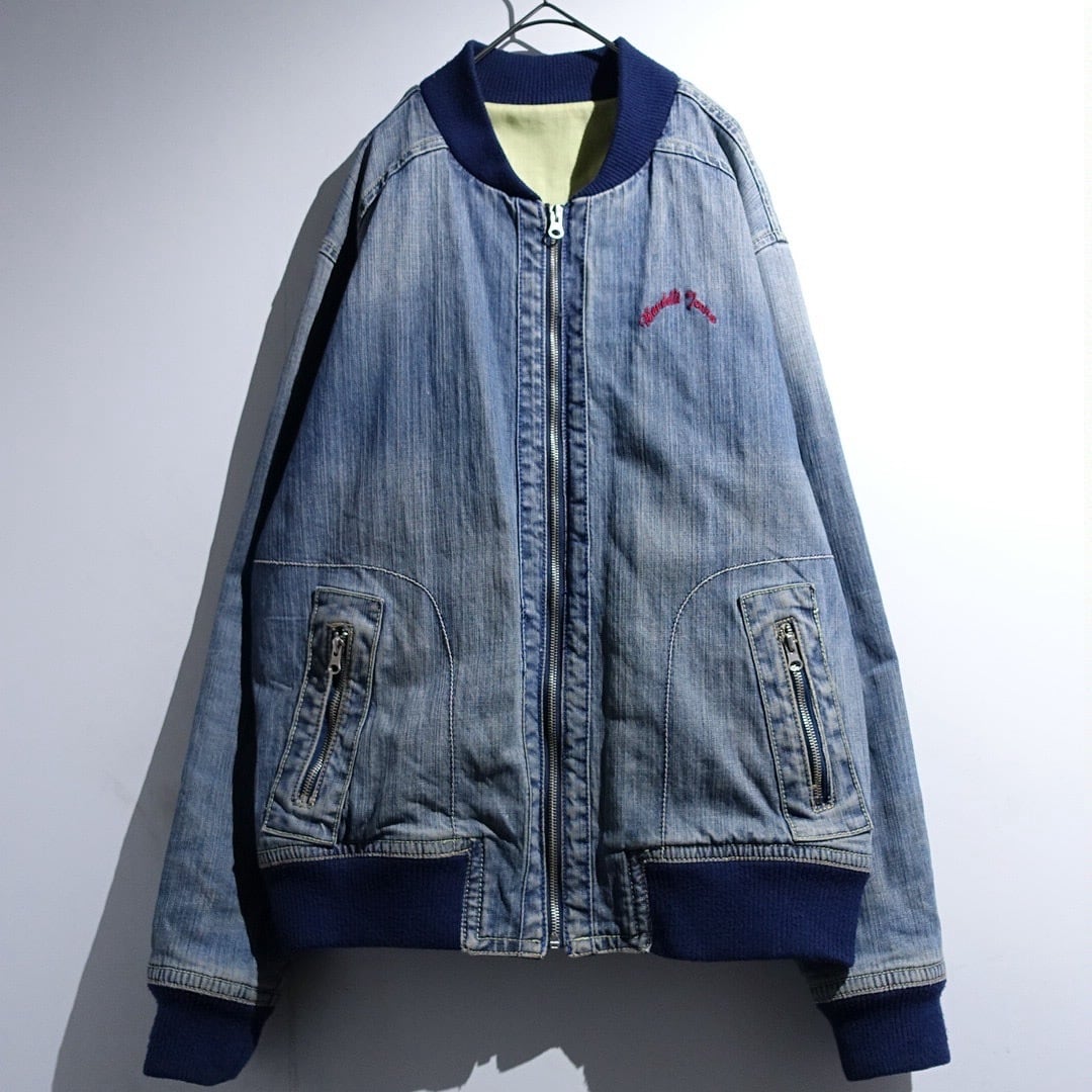 Aging Denim Logo Elbow Patch Design Zip Blouson