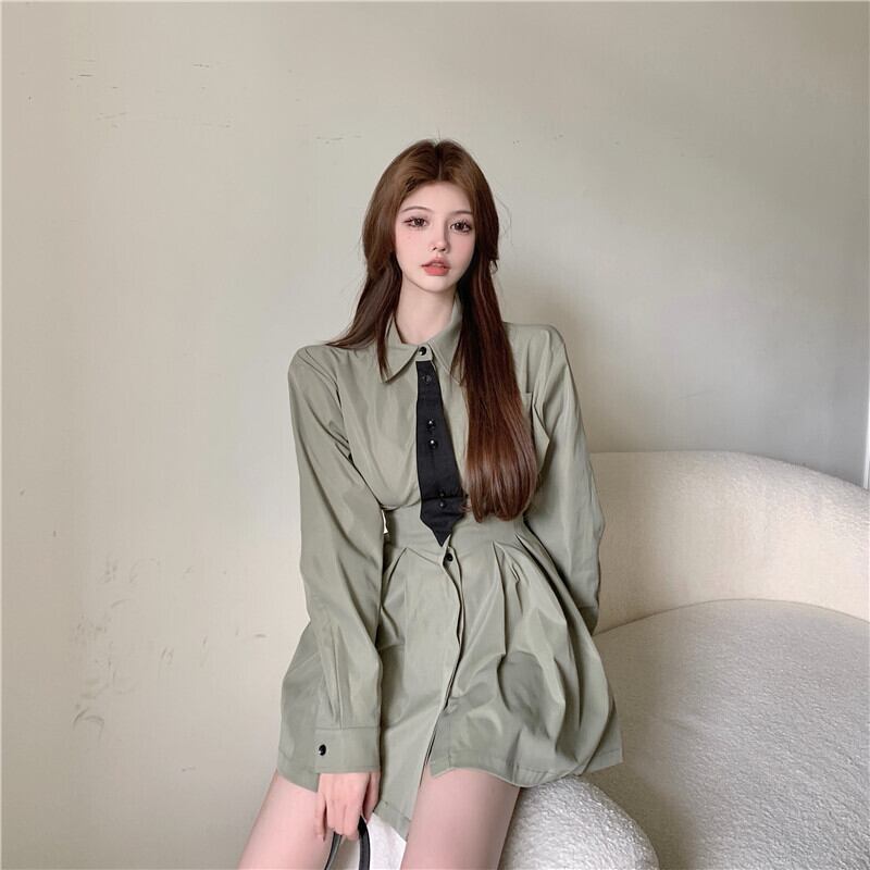 カジュアルシャツ ドレス サマーソリッド カラーAラインスカート 夏物 ソリッドカラー ステッチ ドラファッションホール66189967225