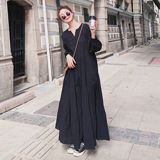 ワンピース レディース ロングワンピ オーバーシルエット 長袖 ボリュームスリーブ ティアード シンプル かわいい カジュアル おしゃれ ブラック S/M/L/XL/2XL