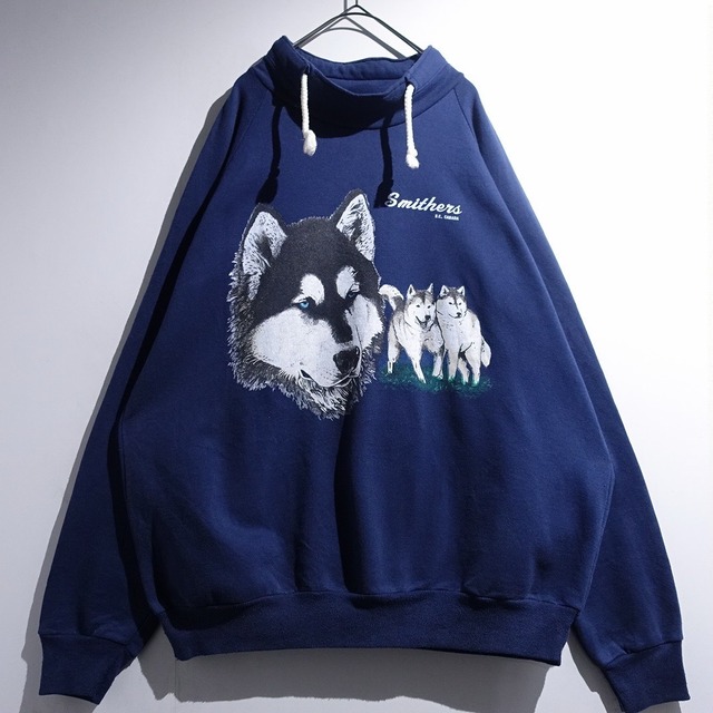 90s Blue Husky Print Design Animal Sweat
