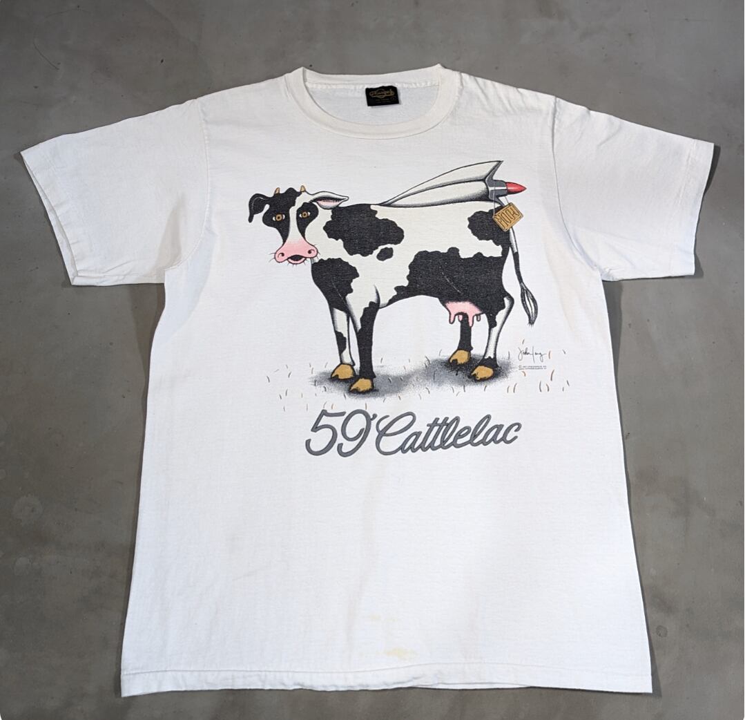 90s "59 cattlelac" cadillac cow classic car print tee 小岩店