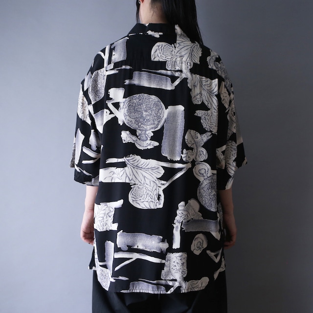 flower art motif full pattern loose silhouette h/s open-collar shirt