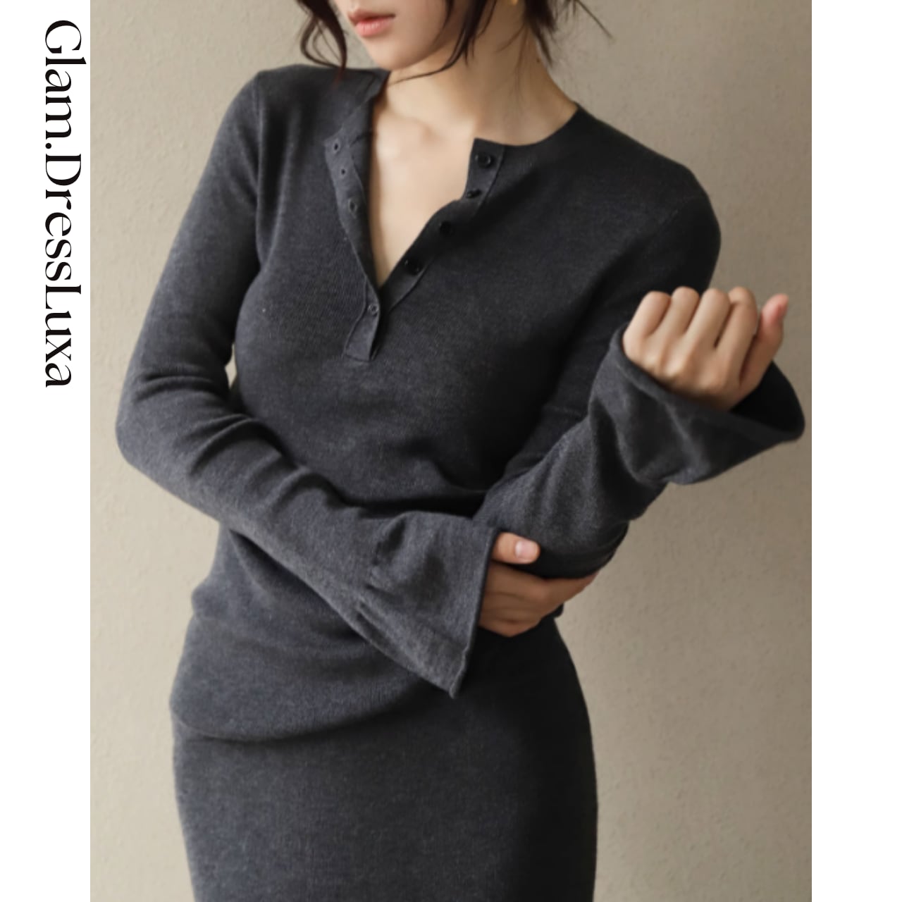 ヘンリーネック フリルスリーブ ニット/2color_T1206