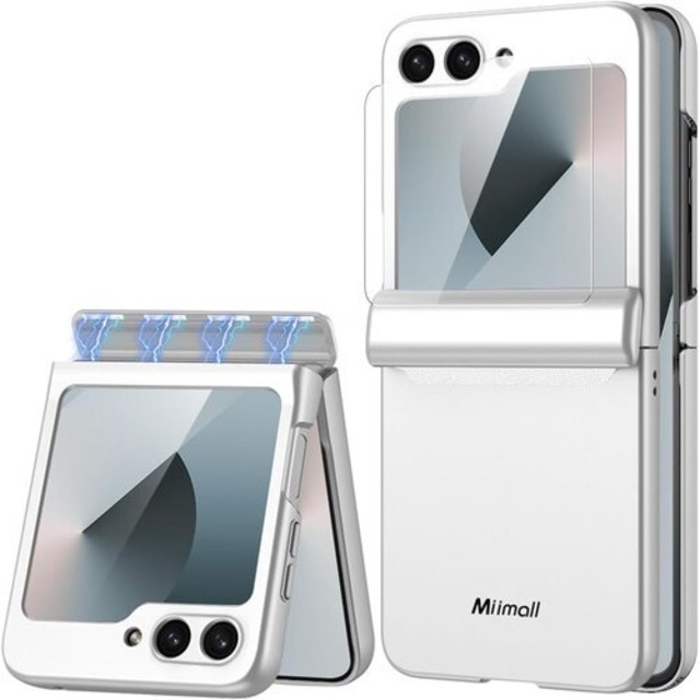 Miimall対応Galaxy Z Flip6/7 FE 専用 ケース フィルム+ケース一体型 耐衝撃 軽量 強化ガラス膜 滑り止め スマホケースカバー 着脱簡単 落下防止 擦り傷防止 全面保護 Galaxy Z Flip6/7 FE カバー ギャラクシー Z フリップ6/7 FE対応 シルバー 64