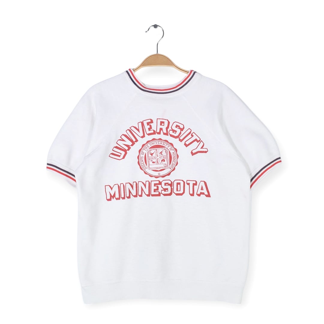 60s ミネソタ大学 ヴィンテージ半袖スウェット ラインリブ ホワイト カレッジ アーチロゴ MINNESOTA メンズL相当 古着 @CF0858