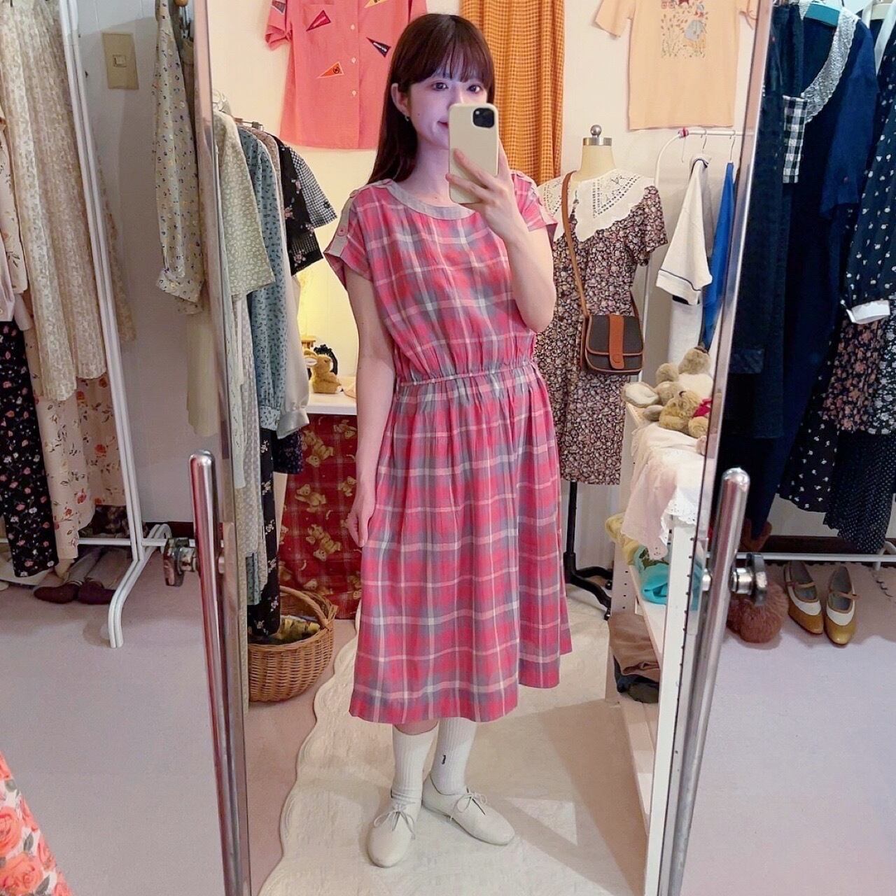 pink gray check button one-piece