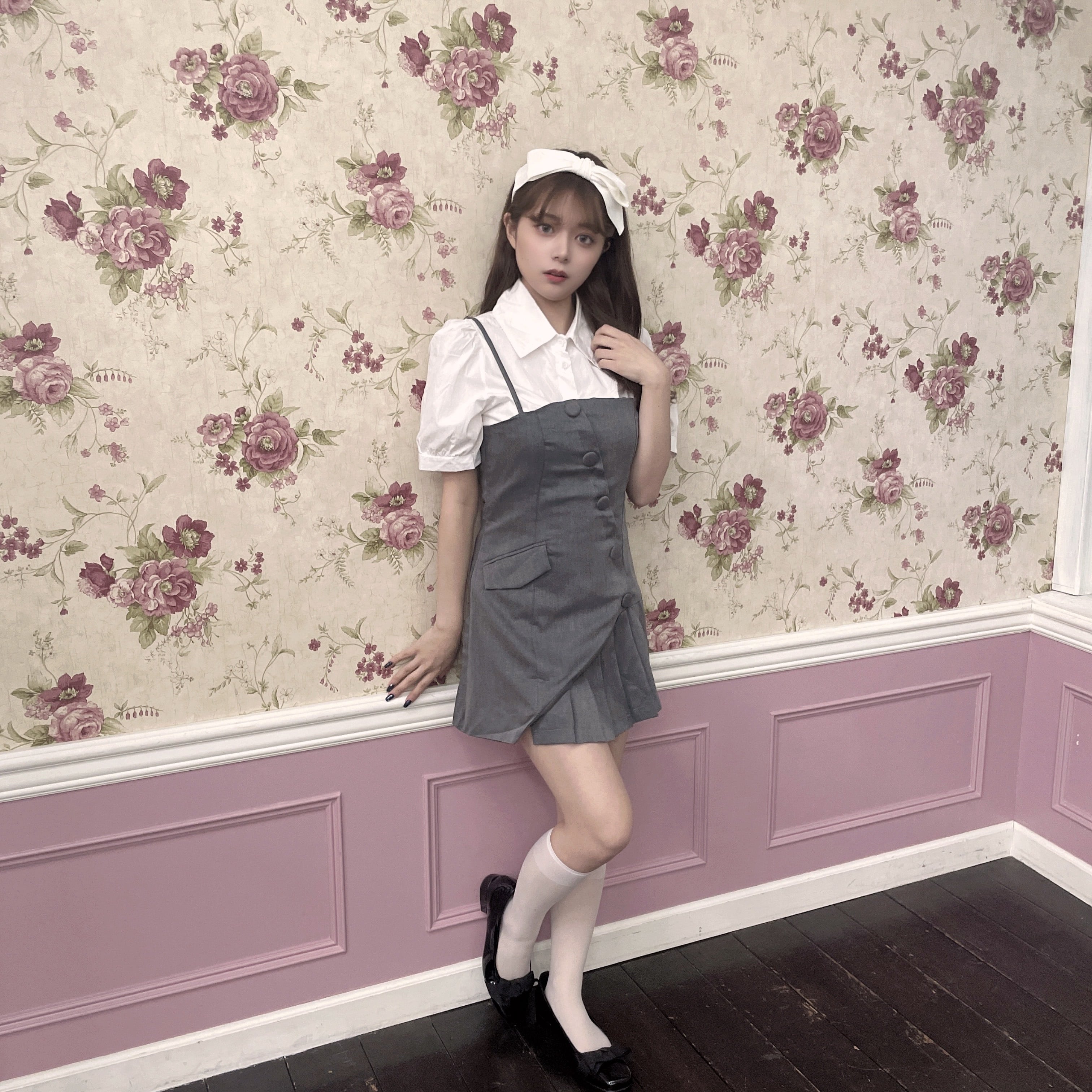 【LAST3】half sleeve shirt&asymmetry op set-GRAY