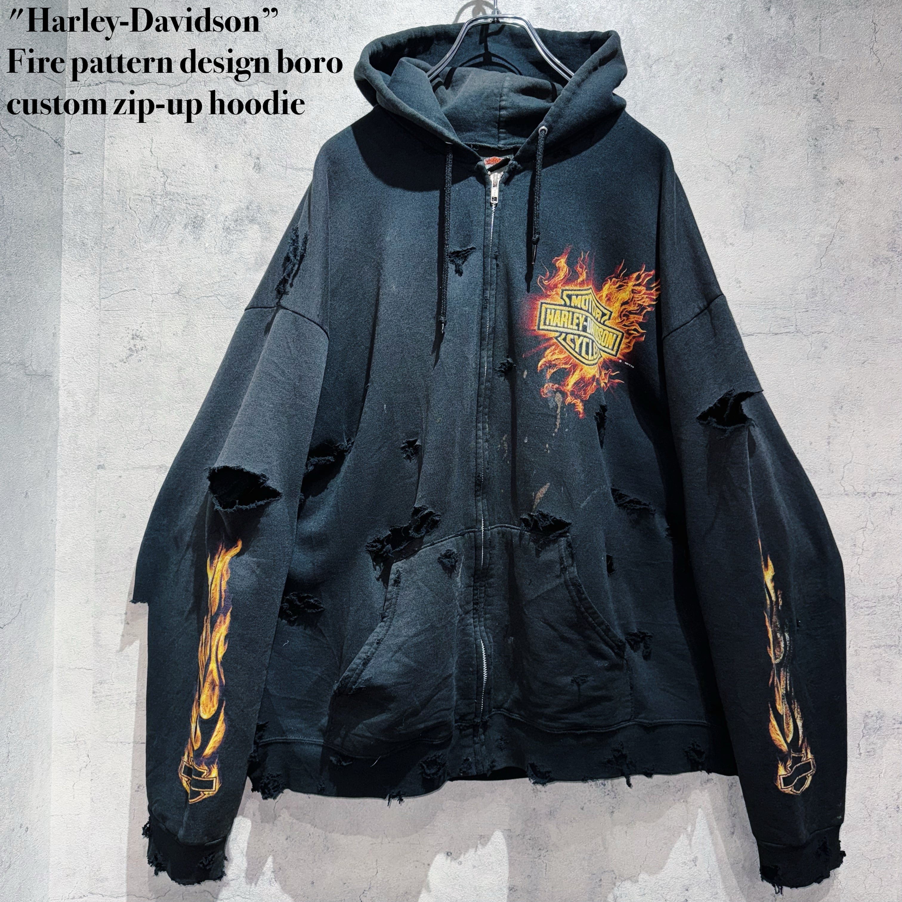 "Harley-Davidson”Fire pattern design boro custom zip-up hoodie