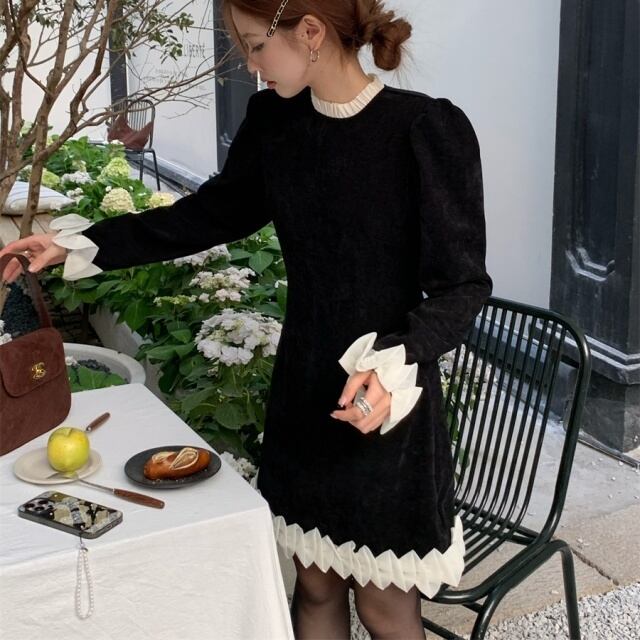 【韓国ファッション】ワンピース ドレス バイカラー 長袖 ミニ 予約販売】ワンピース レディース バイカラー モノトーン 長袖